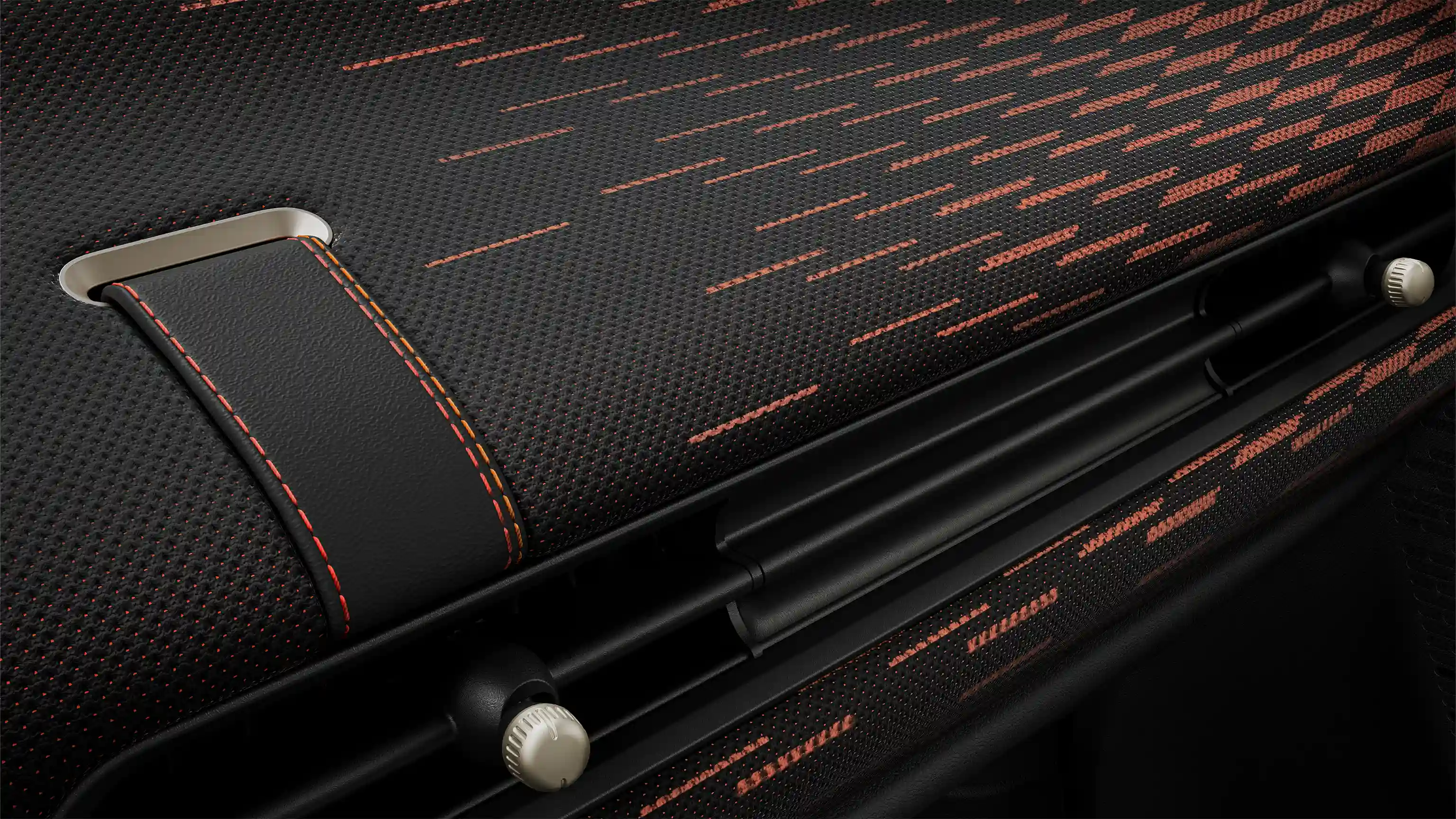 Pohled na palubní desku kombinující červenou a černou MINI Cooper s paketem JCW