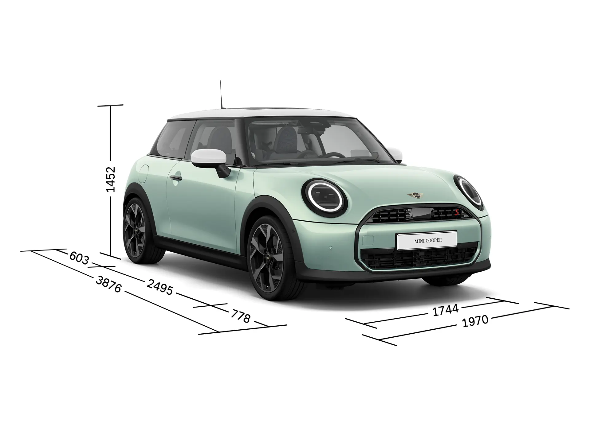 MINI Cooper 3dveřové – Pohled zepředu s rozměry