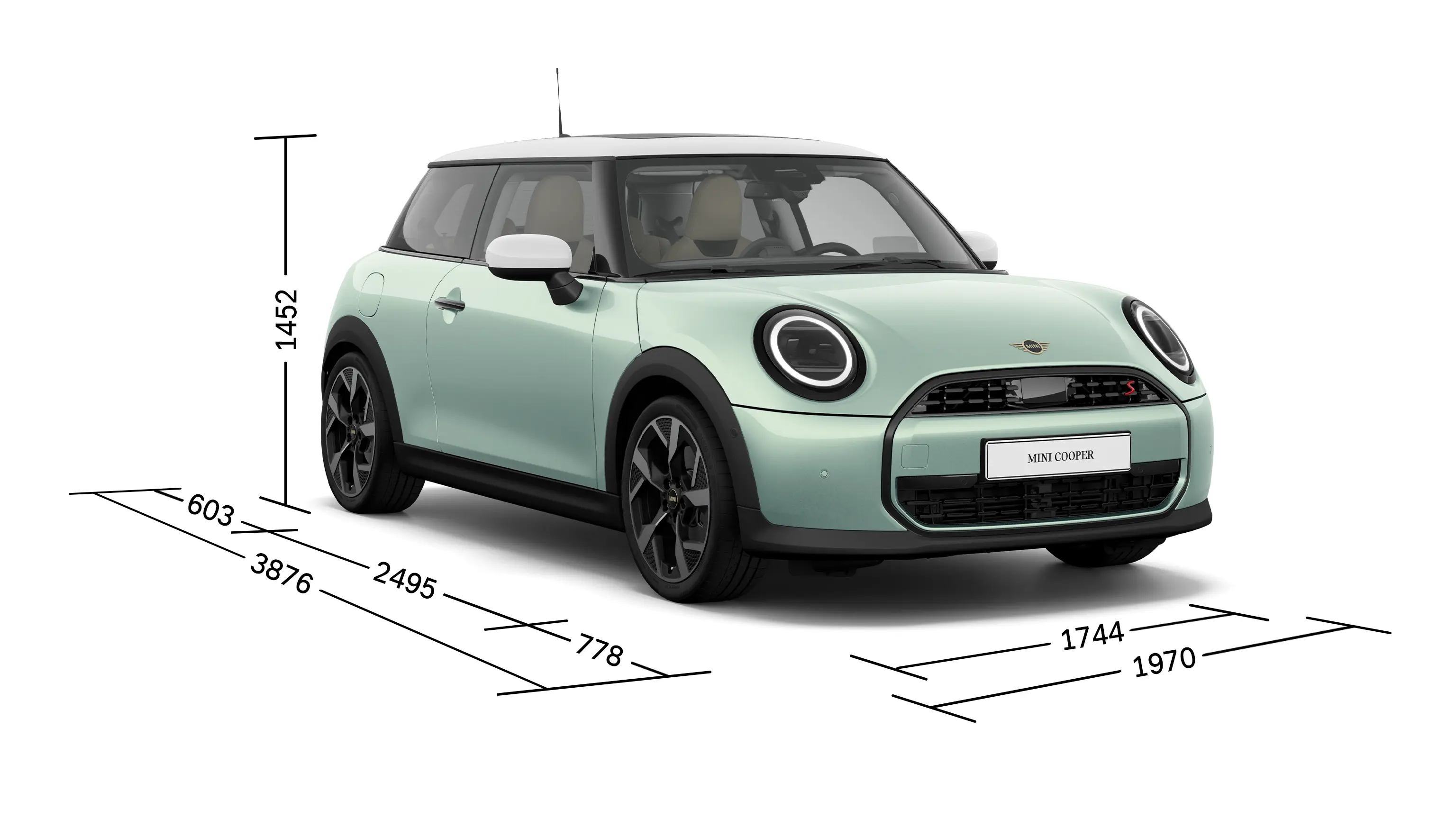 MINI Cooper 3dveřové – Pohled zepředu s rozměry