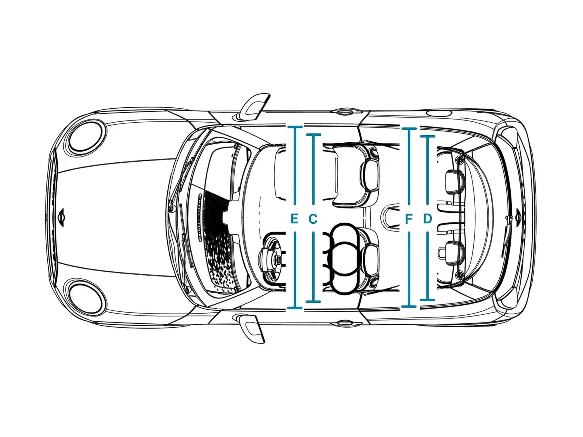 MINI Cooper 3dveřové – Rozměry Interiér střecha