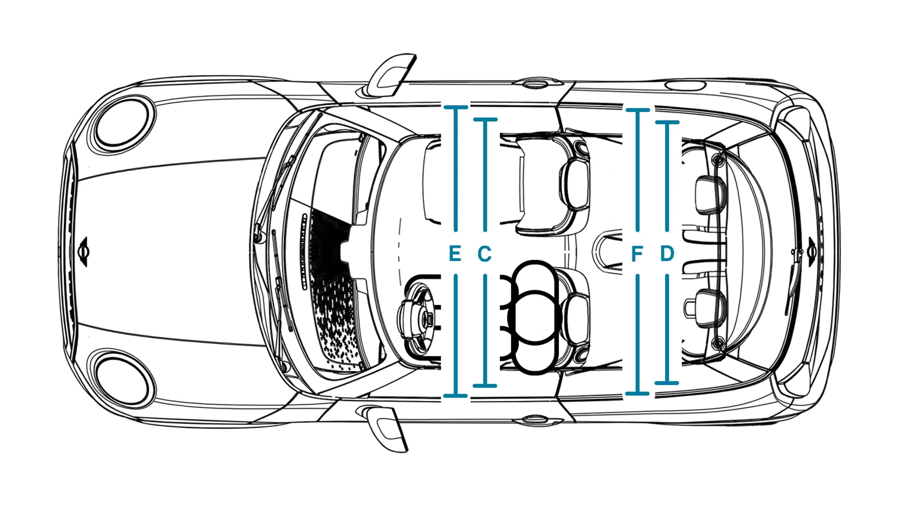 MINI Cooper 3dveřové – Rozměry Interiér střecha