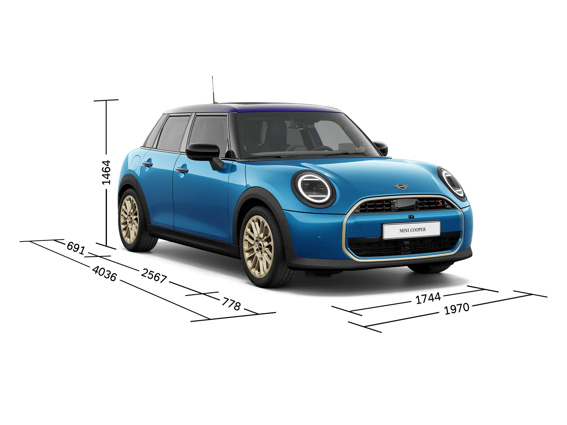 MINI Cooper 5dveřové – Pohled zepředu s rozměry
