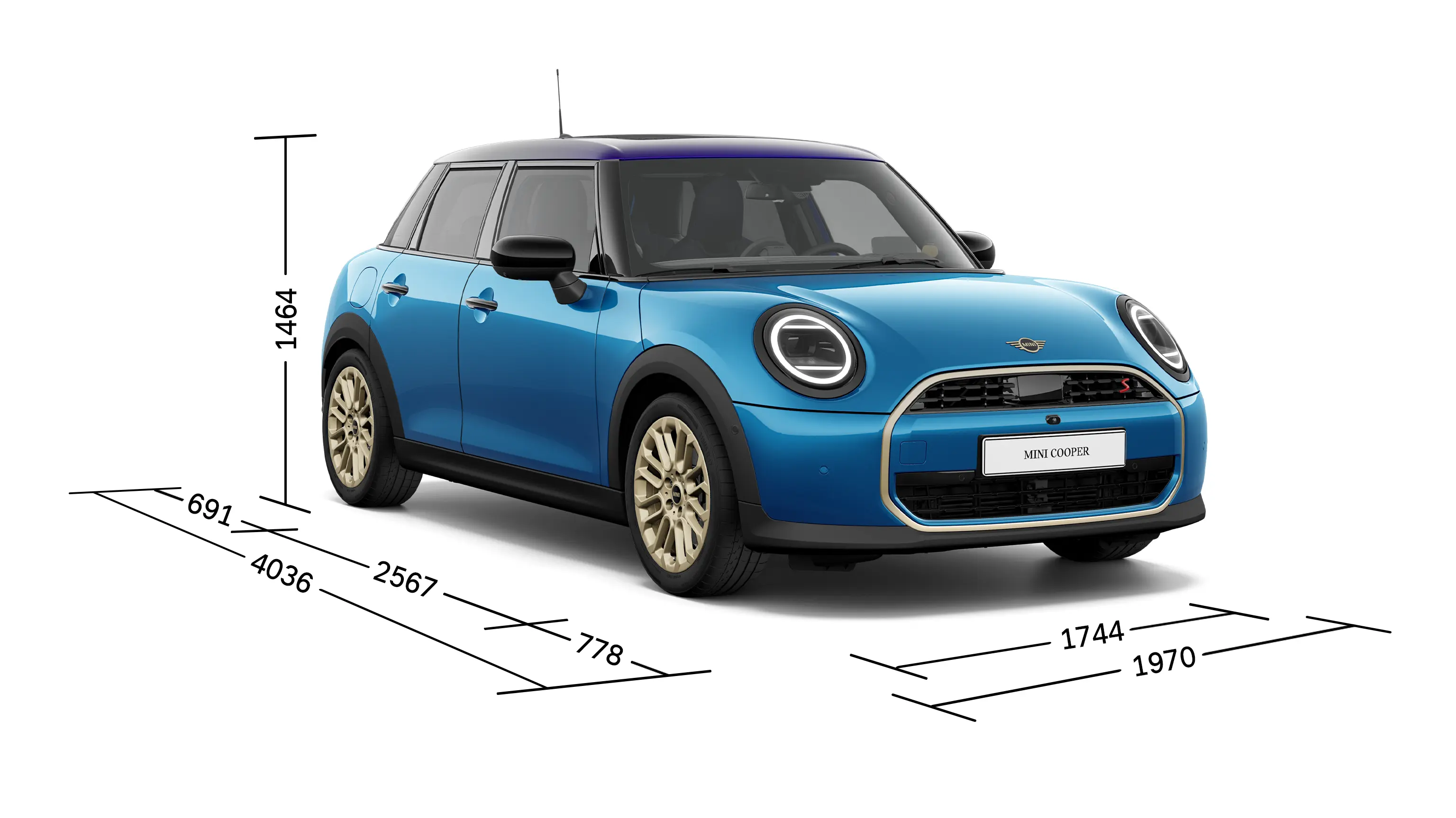 MINI Cooper 5dveřové – Pohled zepředu s rozměry