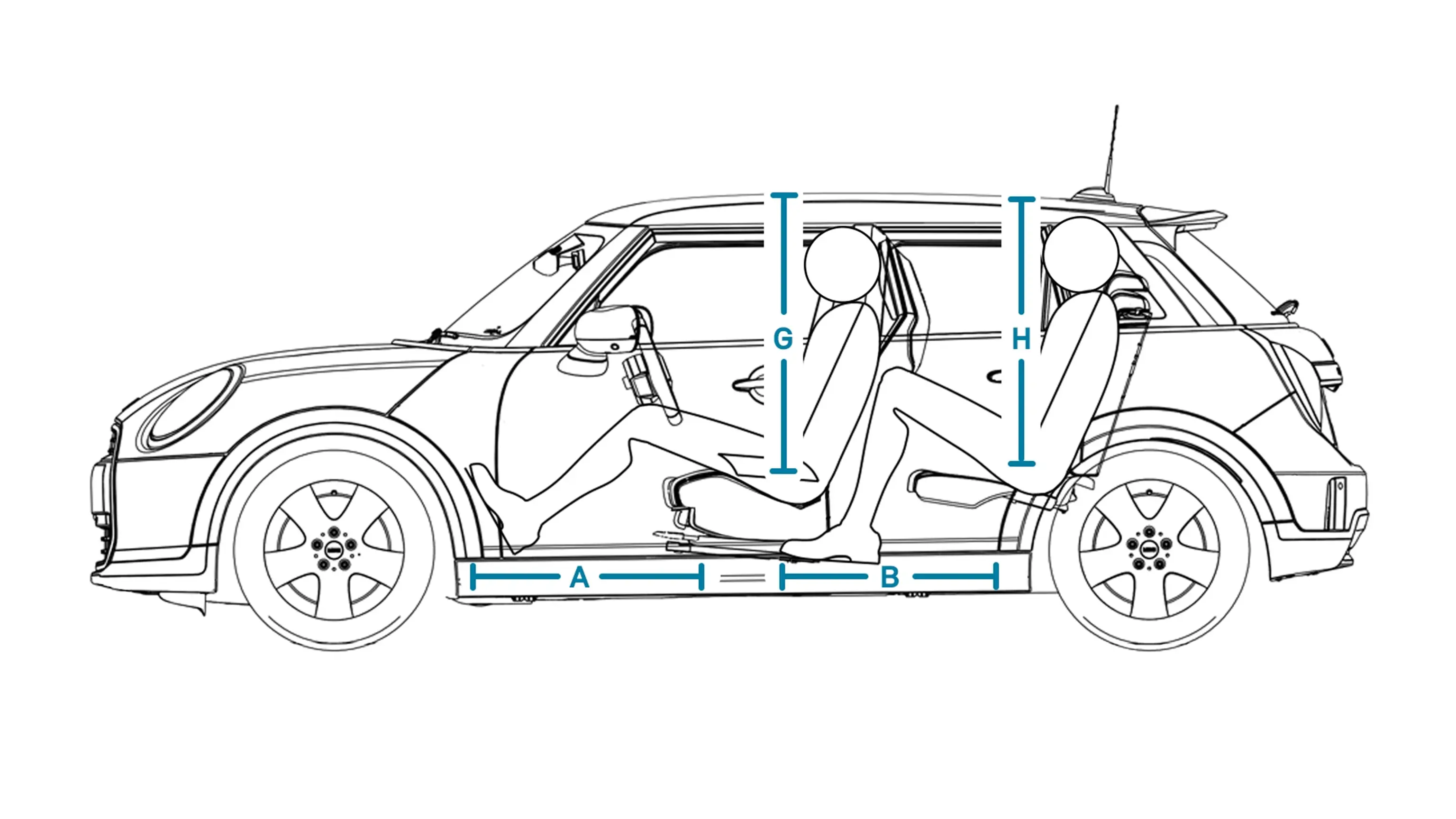 MINI Cooper 5dveřové – Rozměry interiéru - pohled z boku