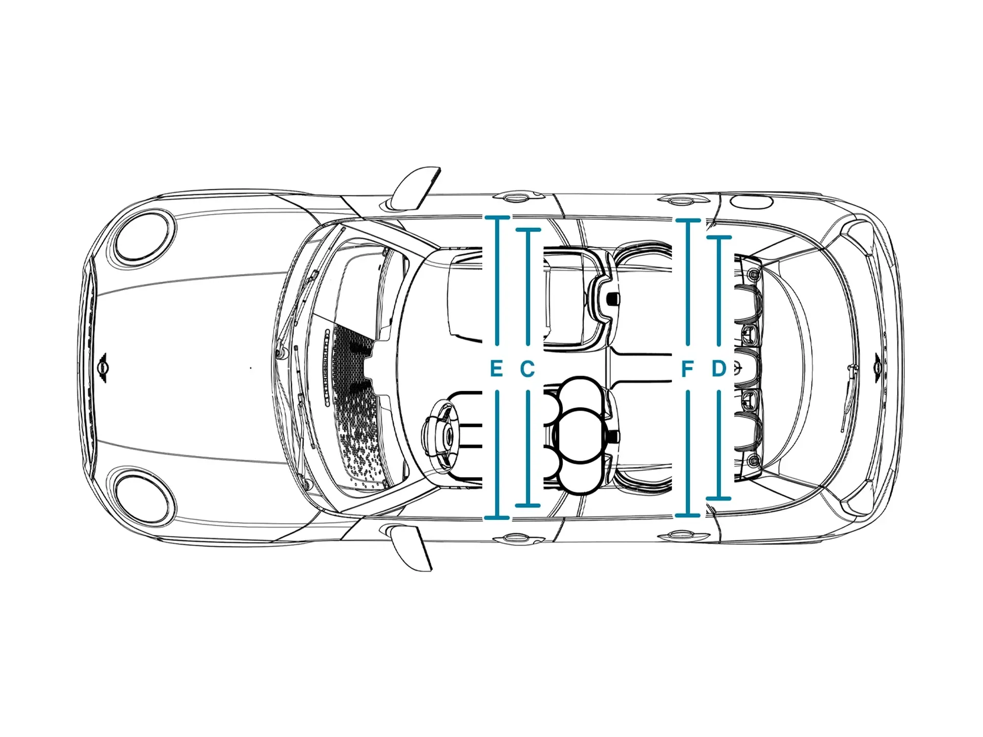 MINI Cooper 5dveřové – Rozměry interiéru pohled shora