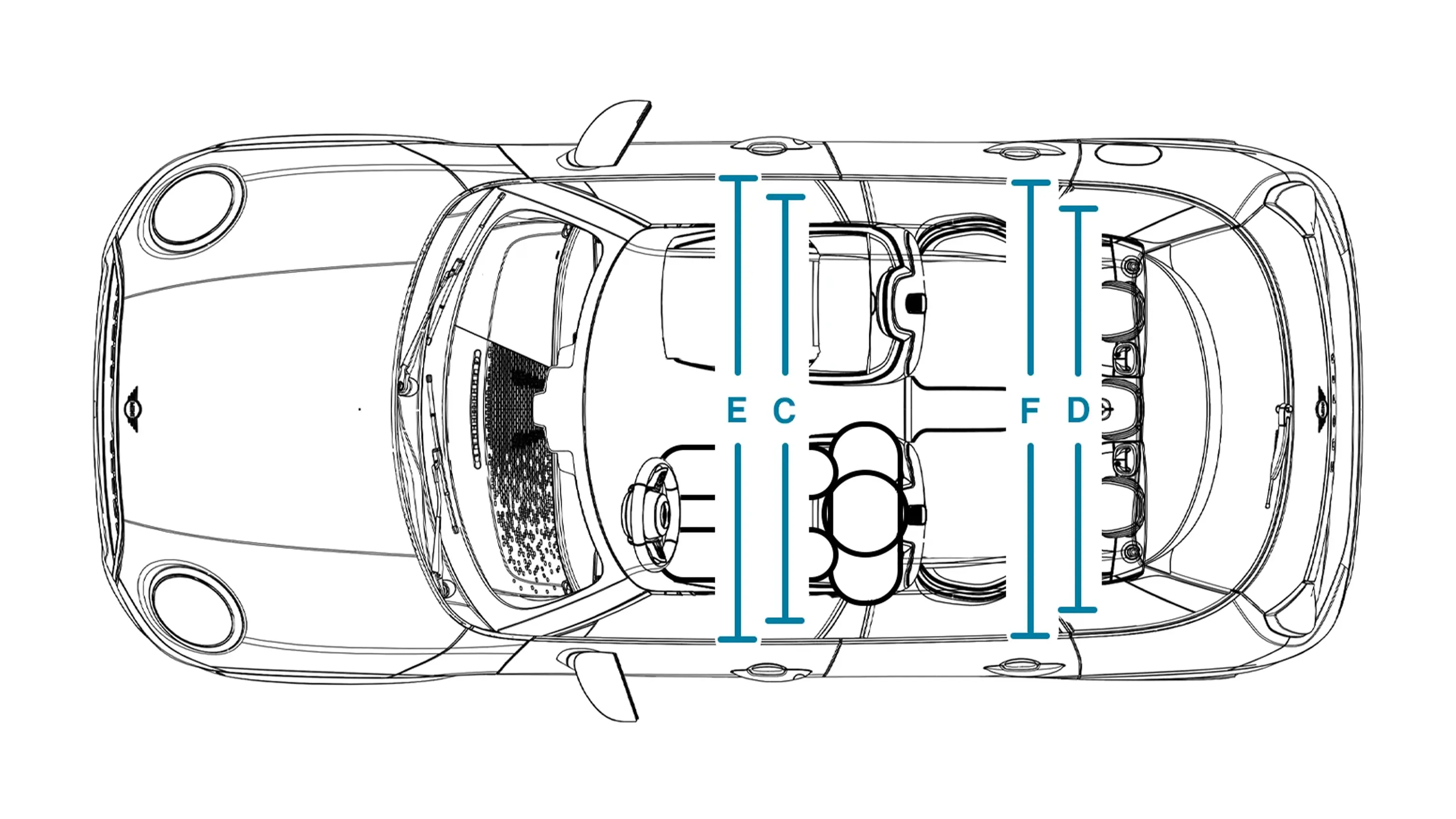 MINI Cooper 5dveřové – Rozměry interiéru pohled shora