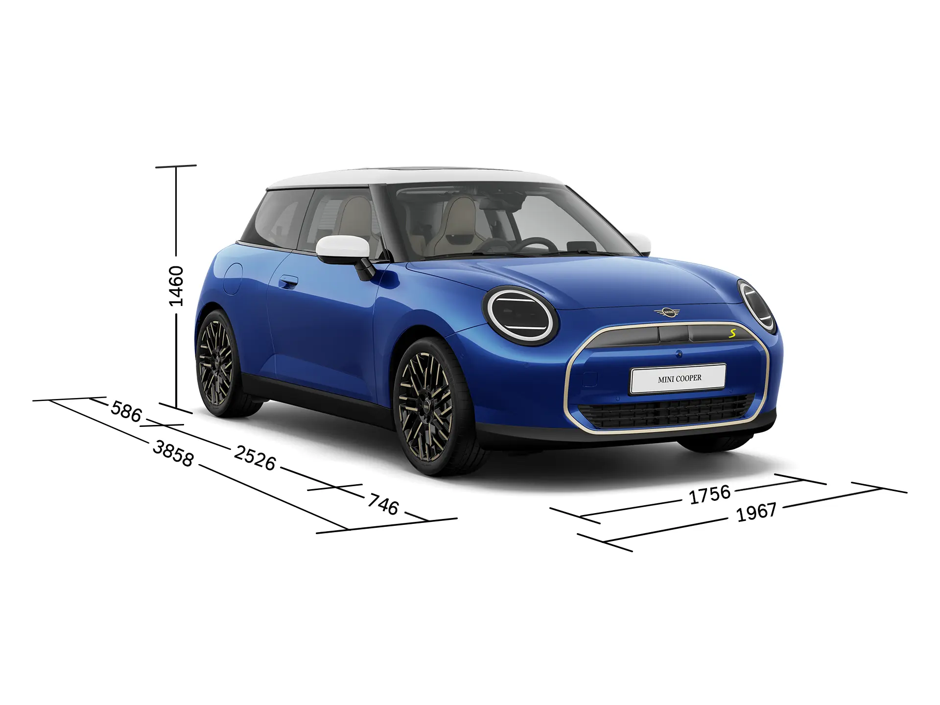 Elektrické MINI Cooper – Pohled zepředu s rozměry