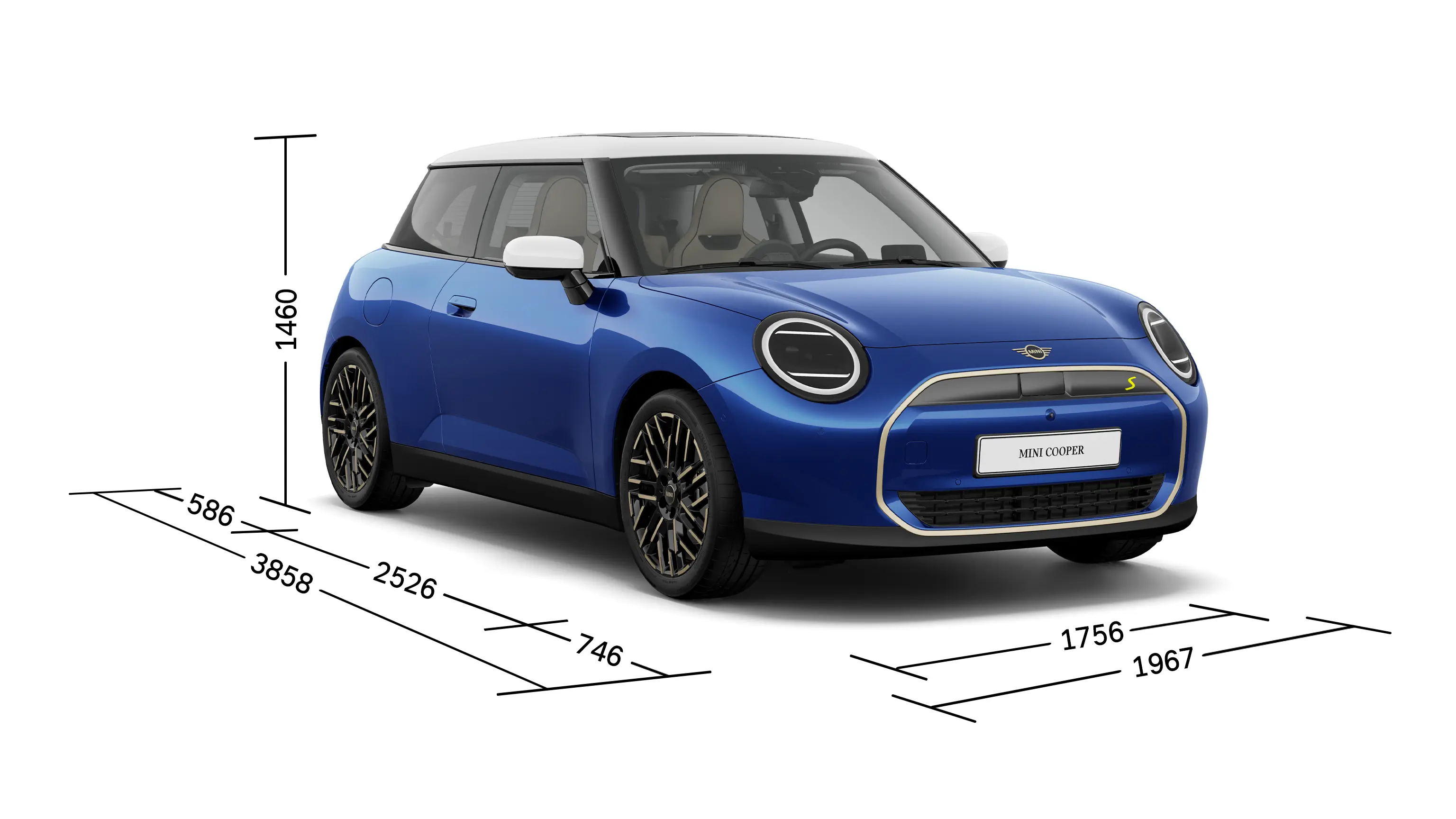 Elektrické MINI Cooper – Pohled zepředu s rozměry