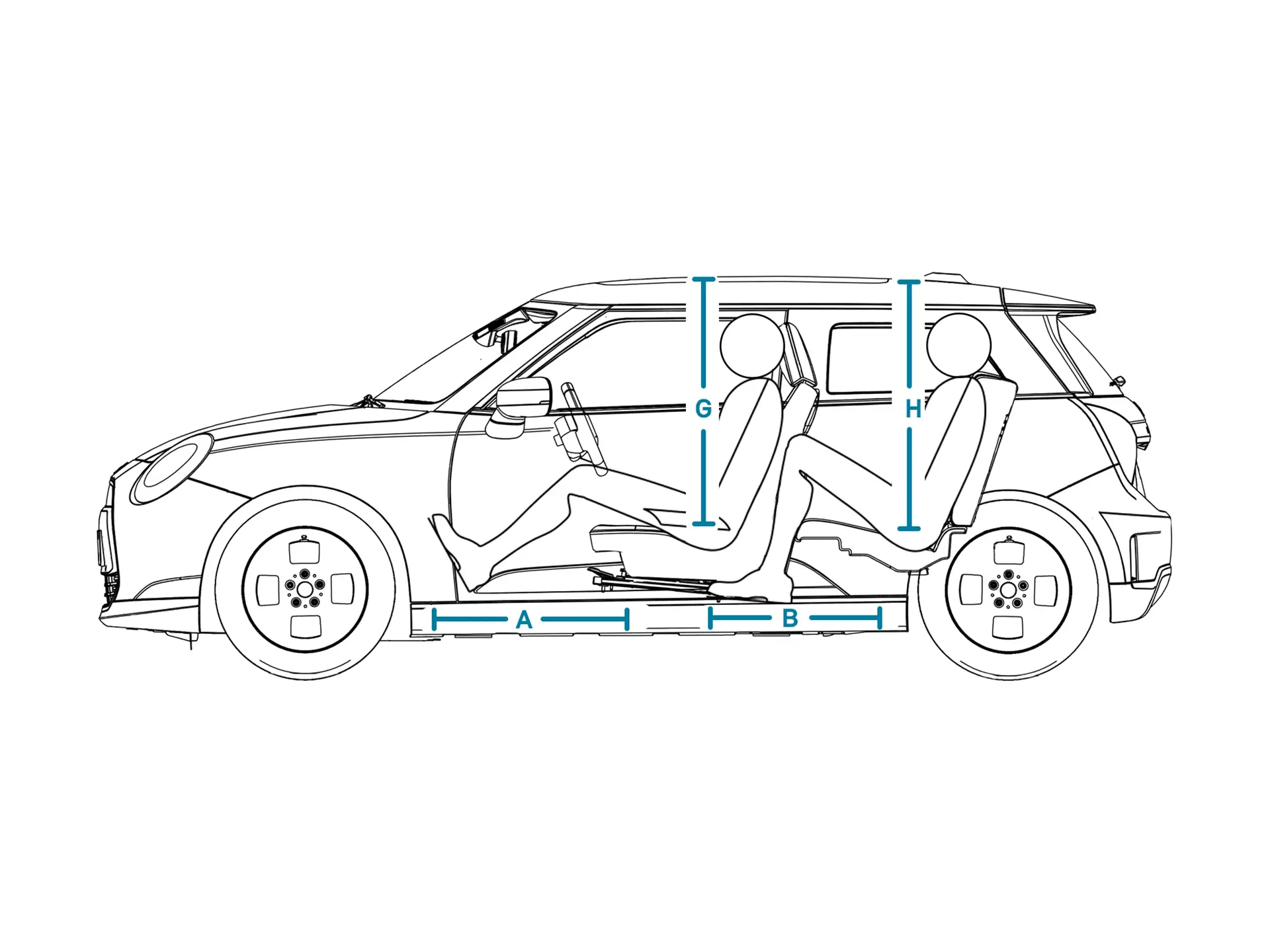 Elektrické MINI Cooper – Rozměry interiéru z boku