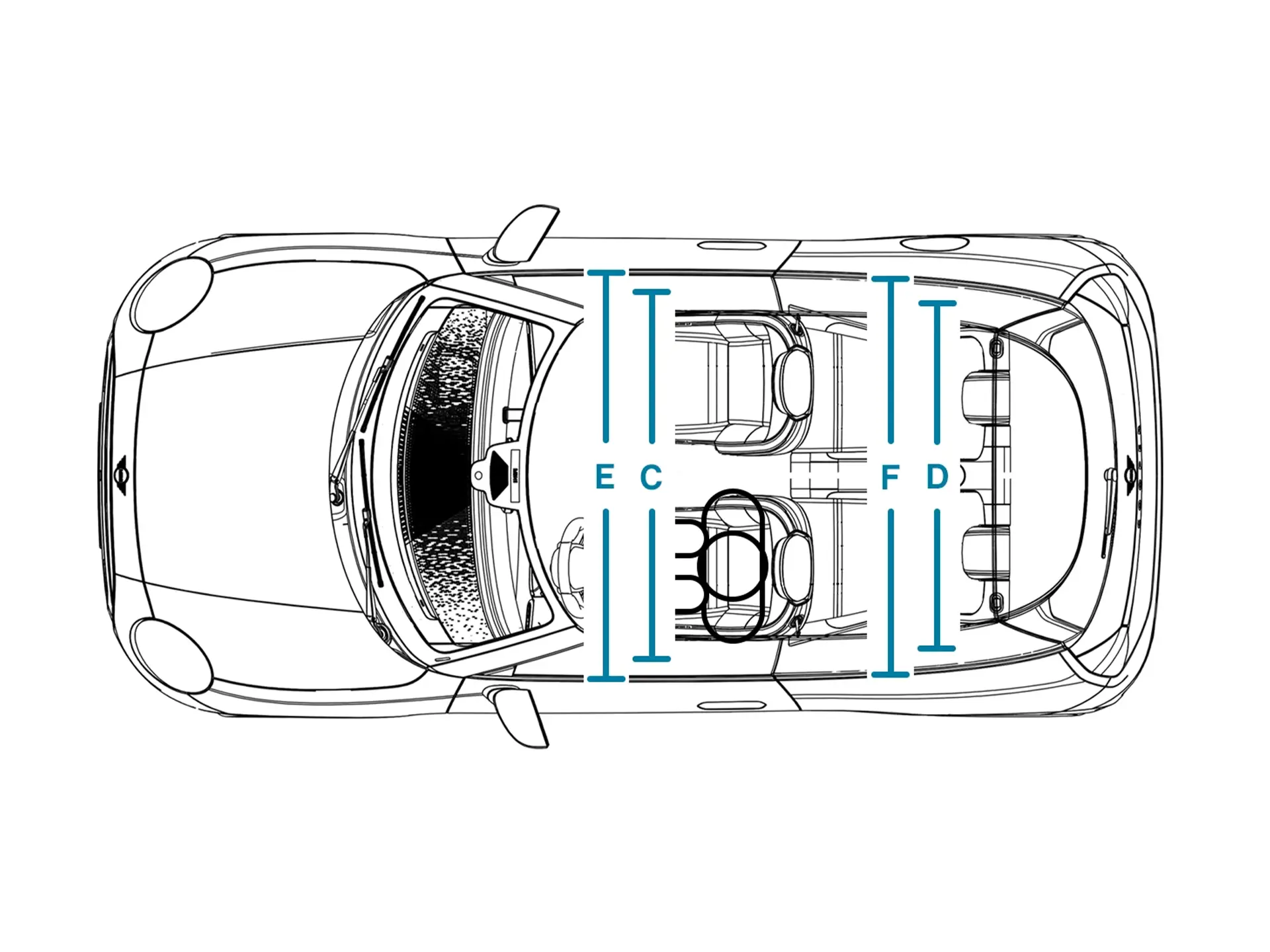 Elektrické MINI Cooper – Rozměry interiéru shora