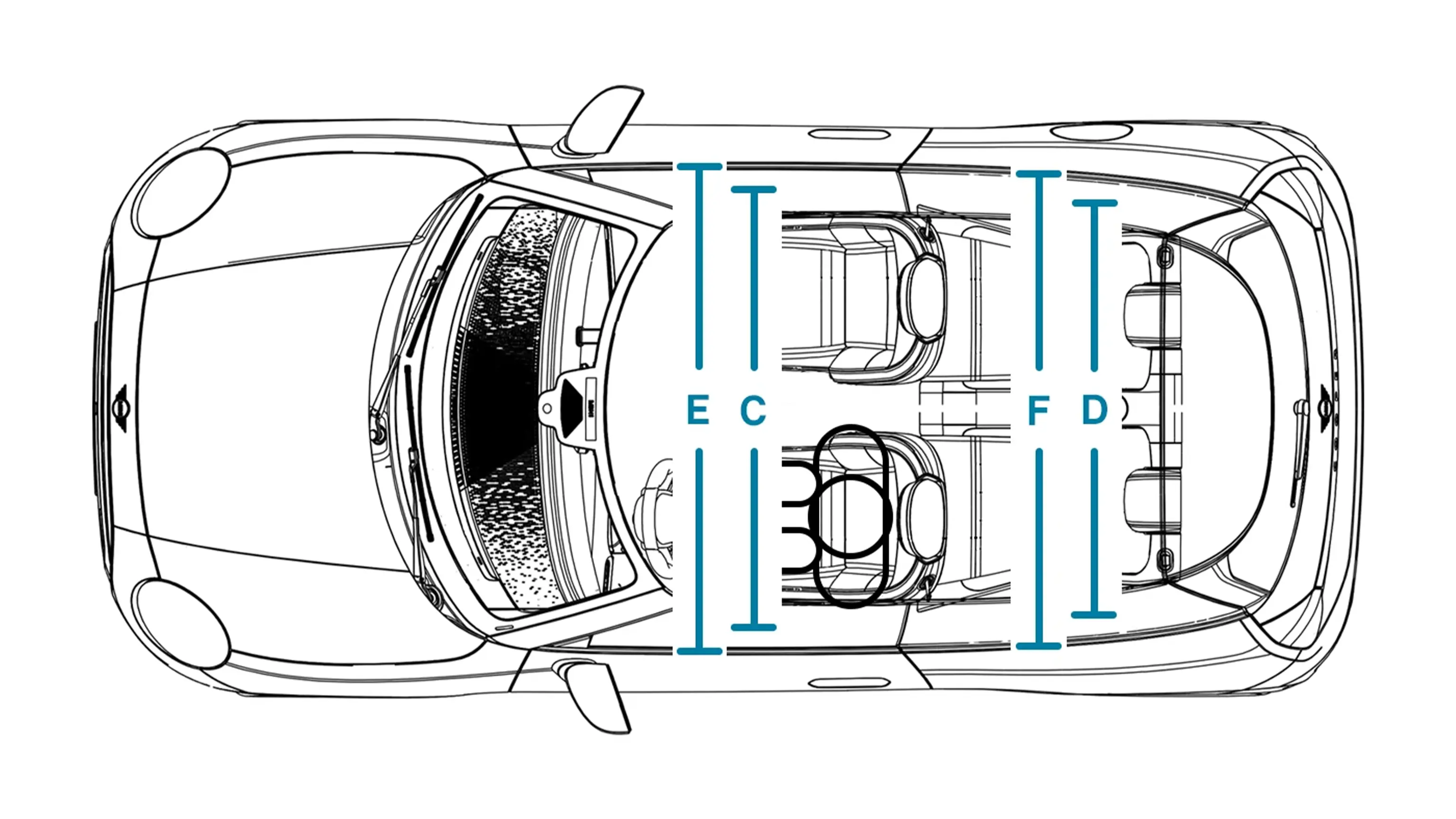 Elektrické MINI Cooper – Rozměry interiéru shora