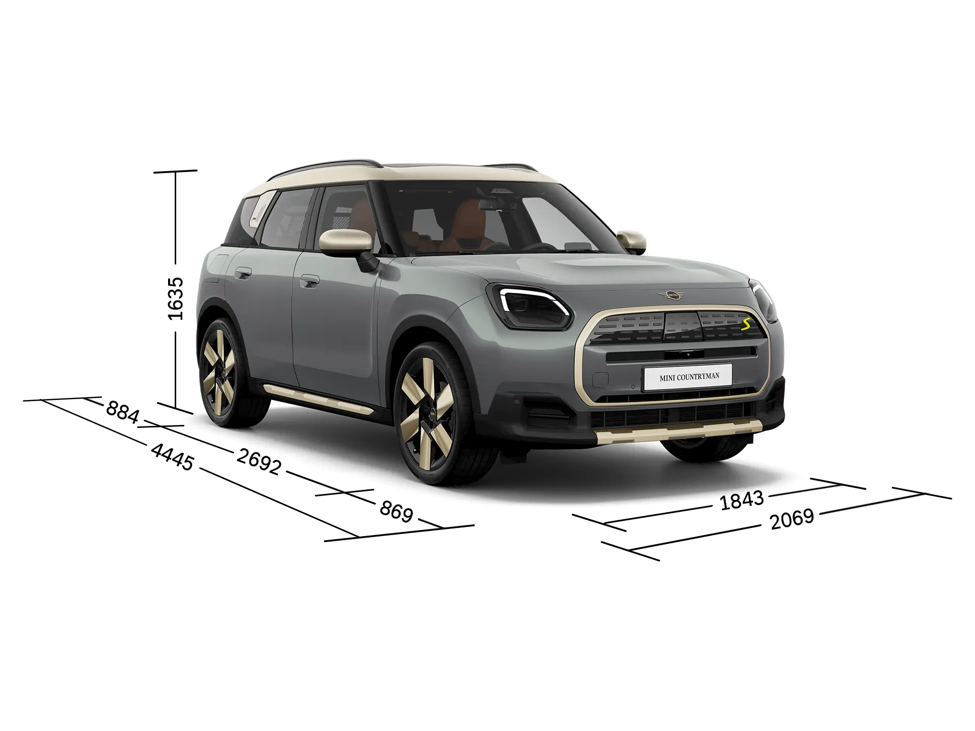 Elektrické MINI Countryman – Pohled zepředu s rozměry