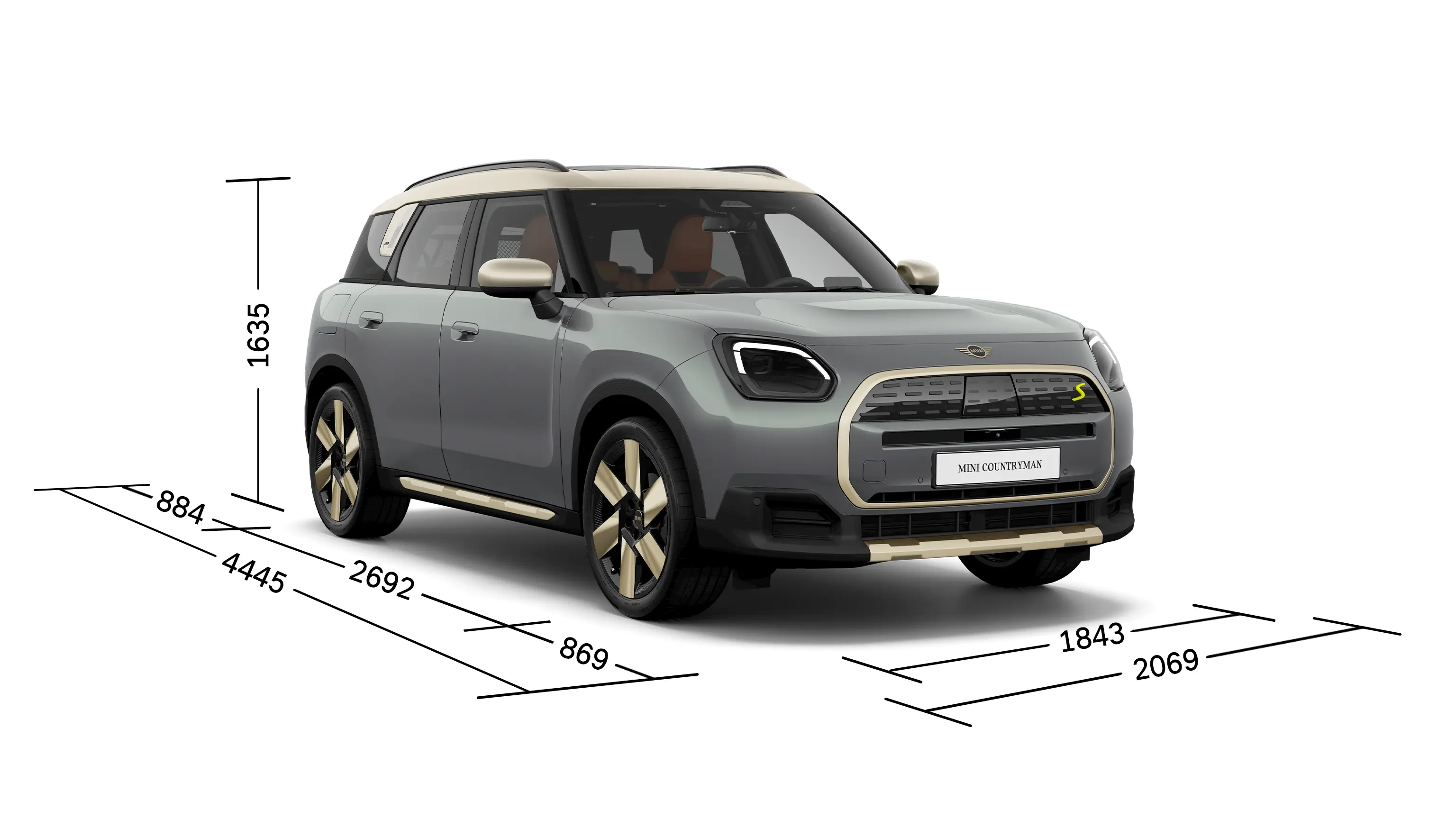 Elektrické MINI Countryman – Pohled zepředu s rozměry