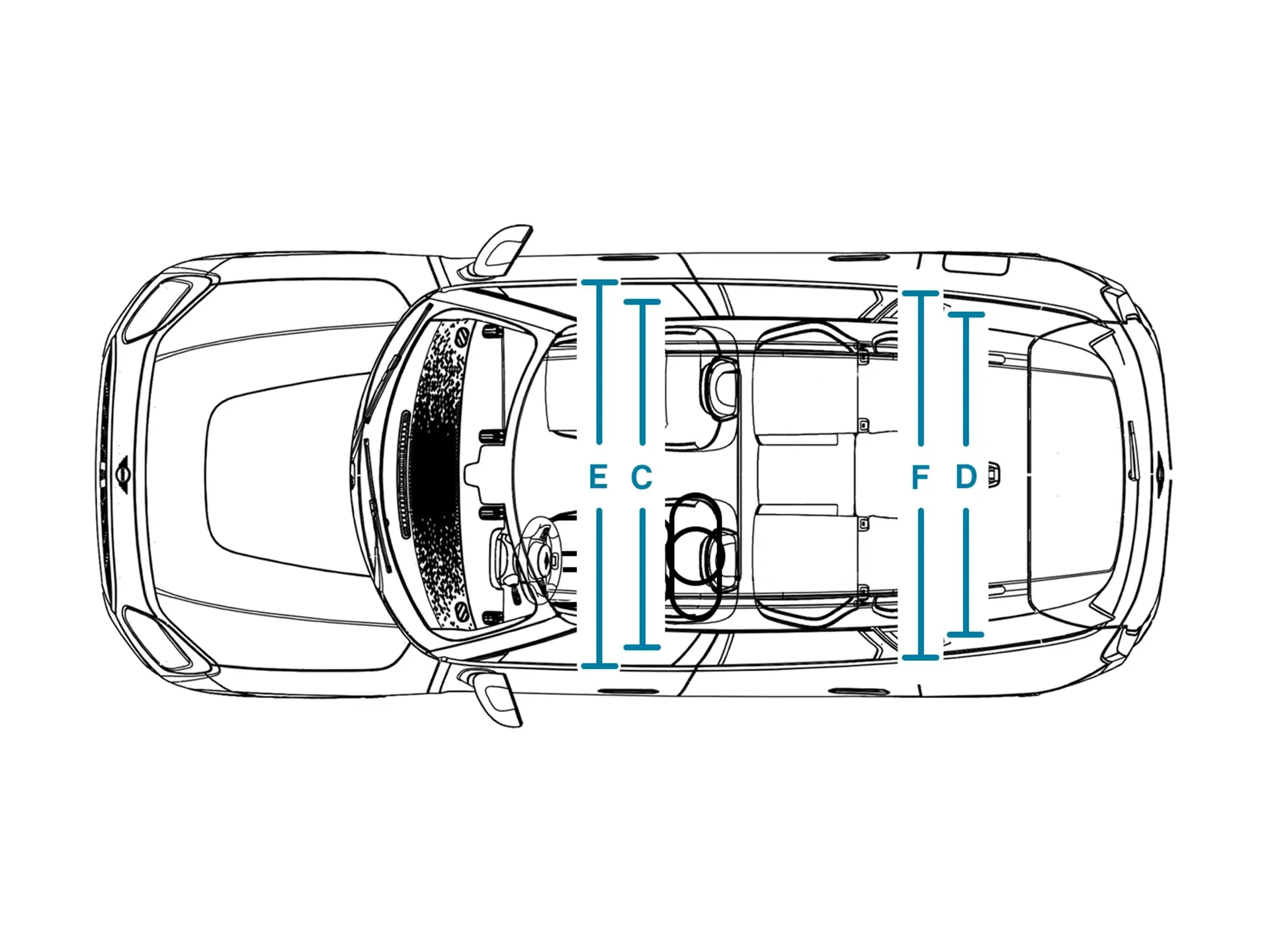 Elektrické MINI Countryman – Rozměry interiéru shora