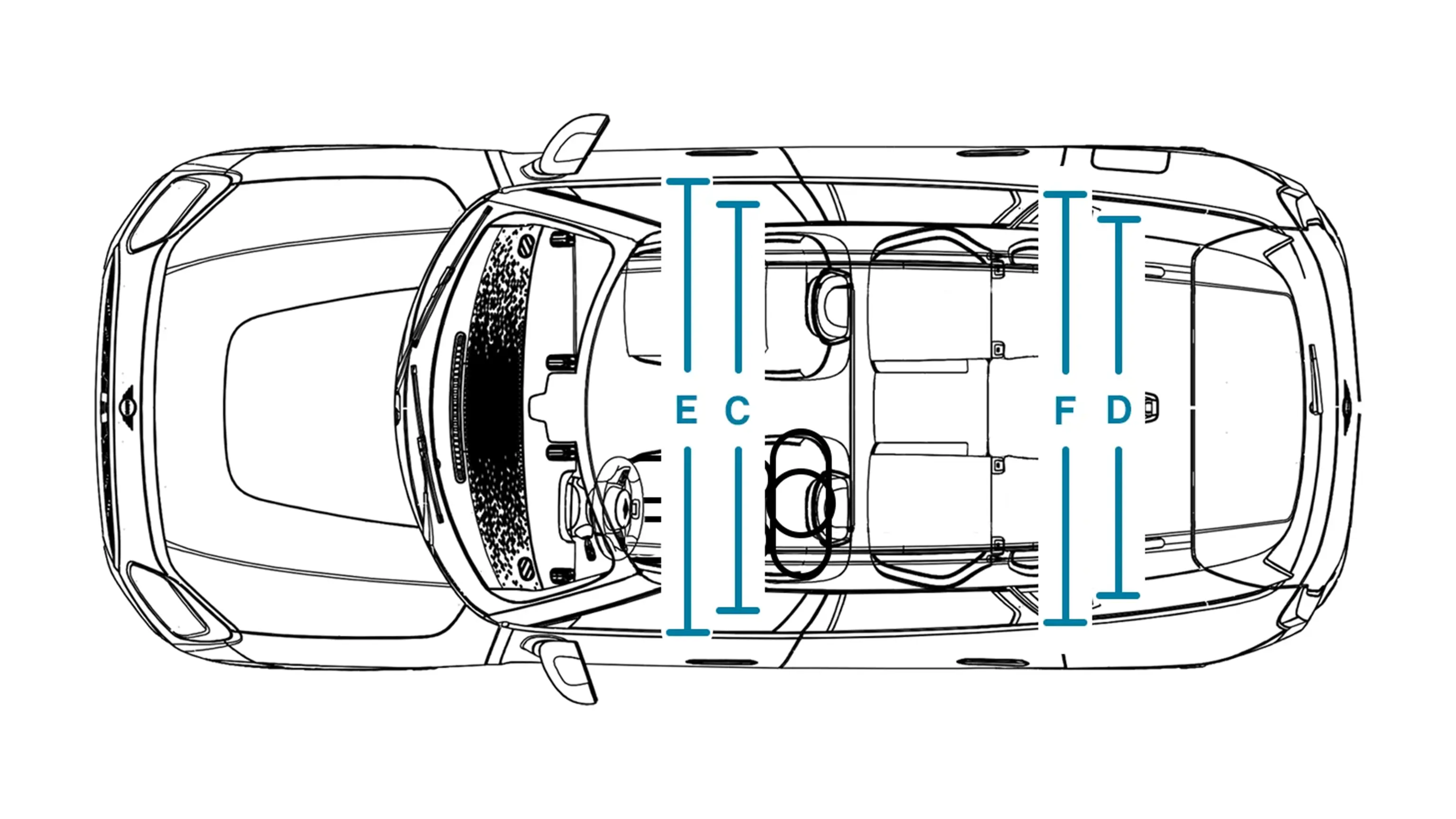 Elektrické MINI Countryman – Rozměry interiéru shora