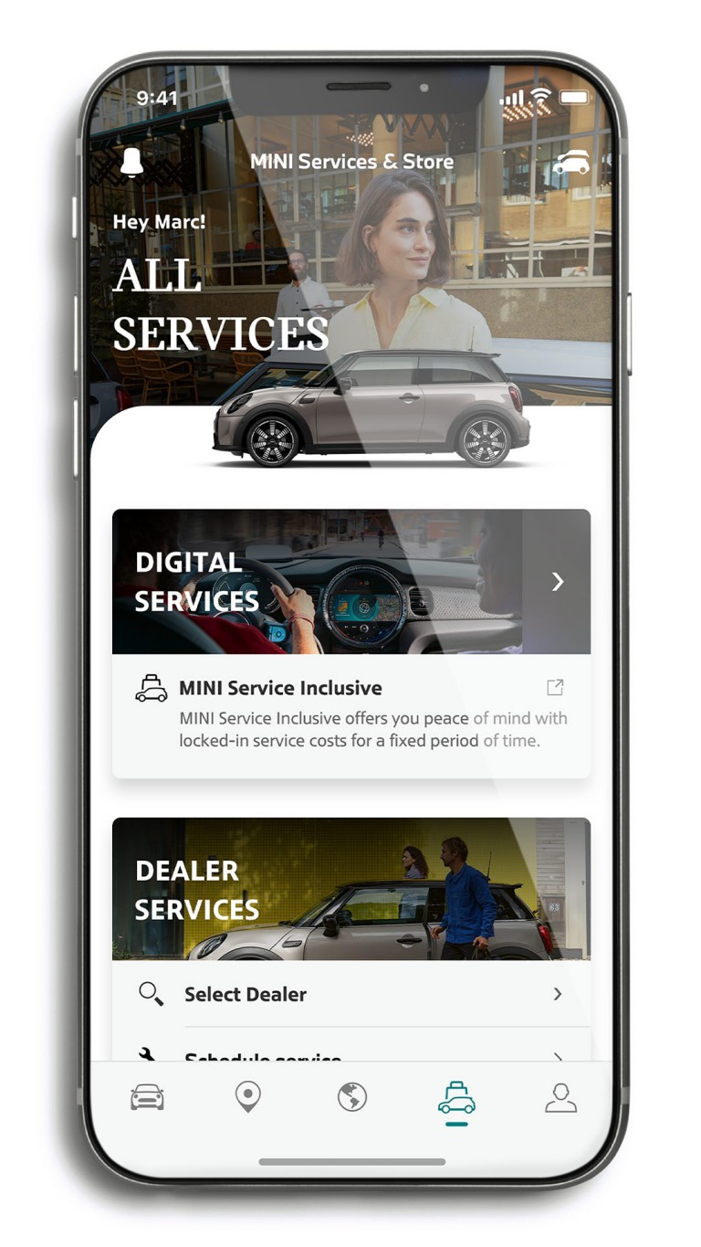 mini connected – mini aplikace – spravovat všechny služby